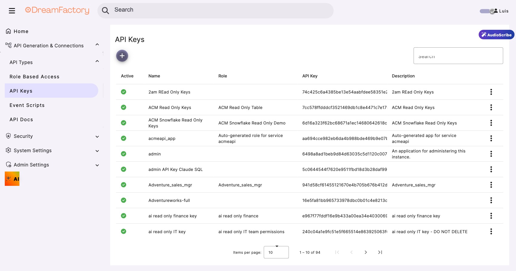 DreamFactory API Keys bound to roles