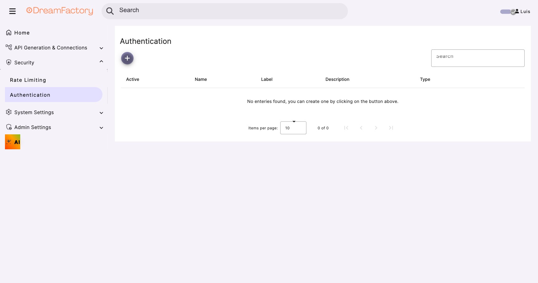 DreamFactory Authentication settings page under Security