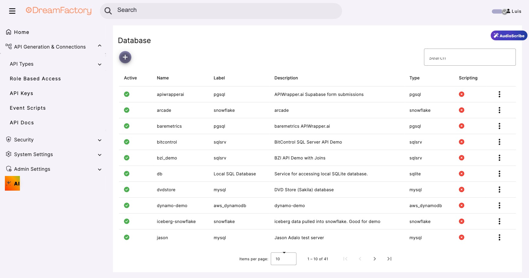DreamFactory database services list showing configured database connections