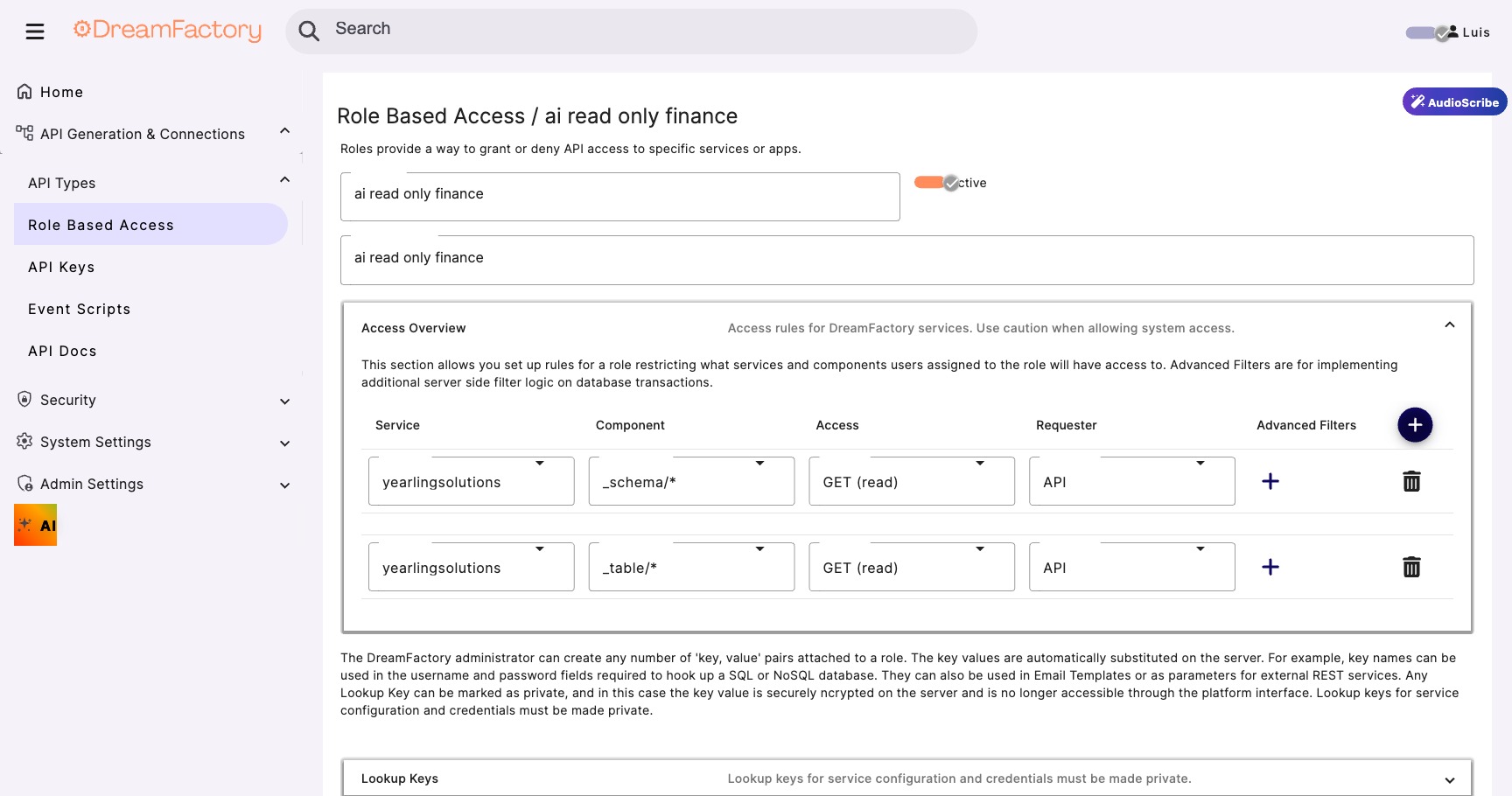 Role detail for ai read only finance showing GET read-only access configuration